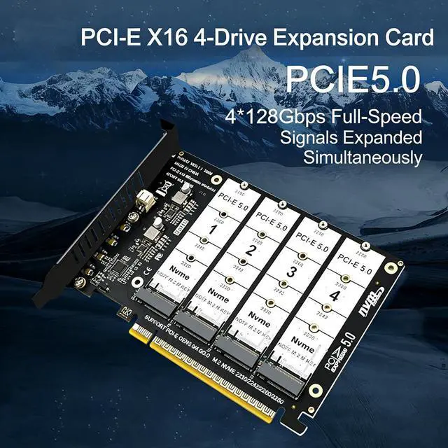 Alt view image 7 of 7 - PH4245 PCIe 5.0 x16 to Quad M2 SSD Adapter Card Four Slot M Key Expansion Supports Software RAID Requires x4x4x4x4 Bifurcation Compatible with NVMe 2230 2242 2260 2280 SSD