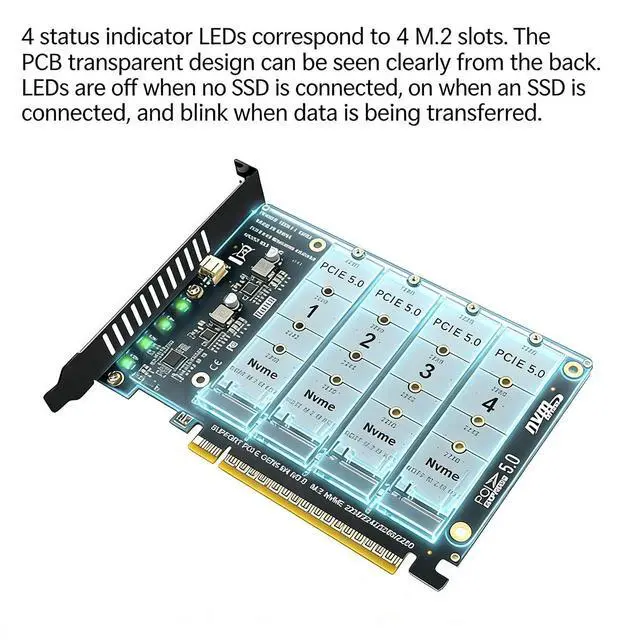 Alt view image 6 of 7 - PH4245 PCIe 5.0 x16 to Quad M2 SSD Adapter Card Four Slot M Key Expansion Supports Software RAID Requires x4x4x4x4 Bifurcation Compatible with NVMe 2230 2242 2260 2280 SSD