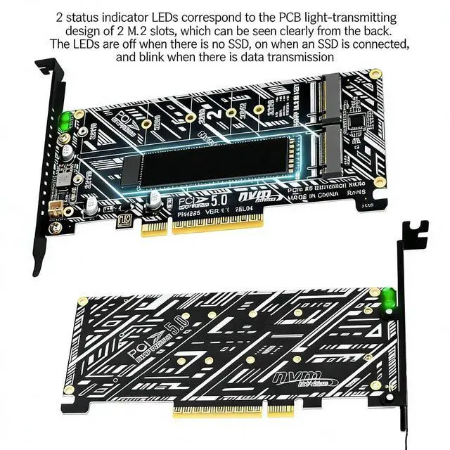 Alt view image 3 of 7 - PCIe 5.0 x8 to Dual M.2 M Key SSD Adapter Card Compatible with 2X Full x4 Lane NVMe 2230/2242/2260/2280/22110 SSD, RAID Ready, PCIe 5.0/4.0/3.0 Compatible