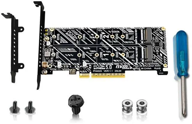 Main image of PCIe 5.0 x8 to Dual M.2 M Key SSD Adapter Card Compatible with 2X Full x4 Lane NVMe 2230/2242/2260/2280/22110 SSD, RAID Ready, PCIe 5.0/4.0/3.0 Compatible