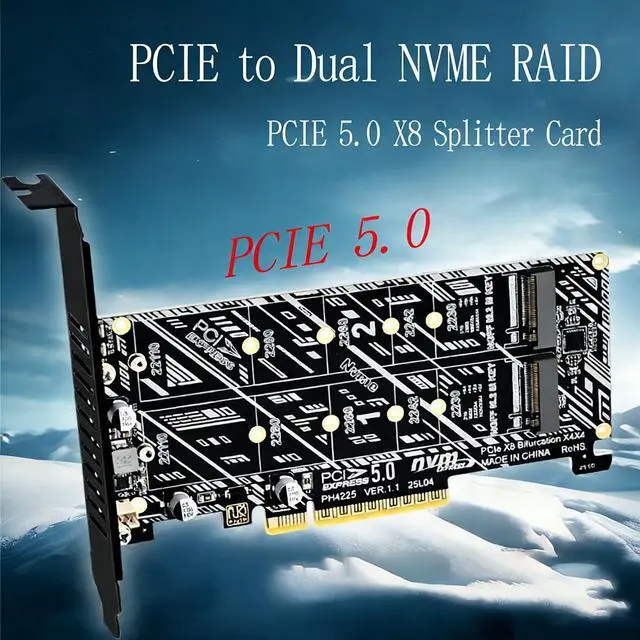 Alt view image 4 of 7 - PCIe 5.0 x8 to Dual M.2 M Key SSD Adapter Card Compatible with 2X Full x4 Lane NVMe 2230/2242/2260/2280/22110 SSD, RAID Ready, PCIe 5.0/4.0/3.0 Compatible