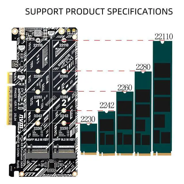 Alt view image 5 of 7 - PCIe 5.0 x8 to Dual M.2 M Key SSD Adapter Card Compatible with 2X Full x4 Lane NVMe 2230/2242/2260/2280/22110 SSD, RAID Ready, PCIe 5.0/4.0/3.0 Compatible