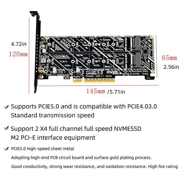 Alt view image 7 of 7 - PCIe 5.0 x8 to Dual M.2 M Key SSD Adapter Card Compatible with 2X Full x4 Lane NVMe 2230/2242/2260/2280/22110 SSD, RAID Ready, PCIe 5.0/4.0/3.0 Compatible