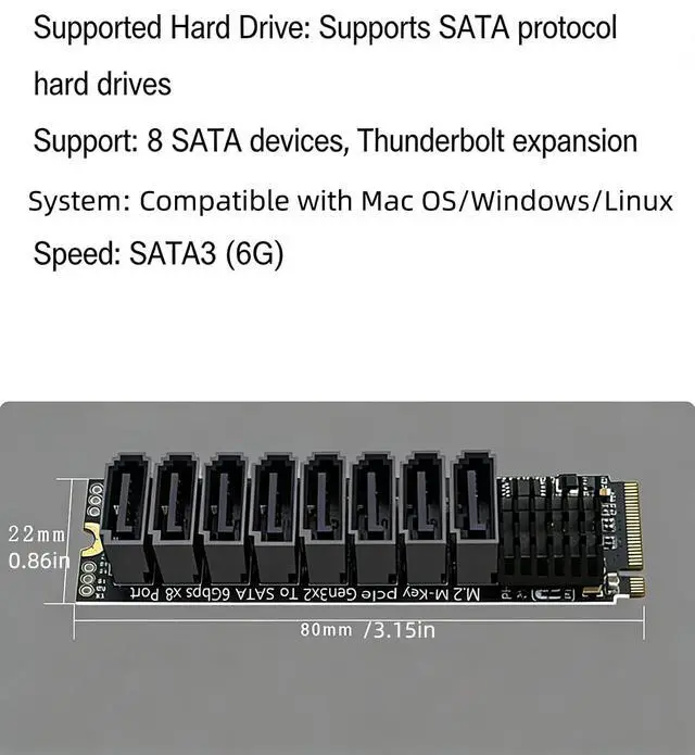 Alt view image 3 of 7 - PH518 M.2 M Key to 8 Port SATA 3.0 Expansion Card PCIe 3.0 x2 Mkey Adapter for NAS and Storage Systems Compatible with Thunderbolt Enclosures NVMe SATA HDD SSD (PH518)