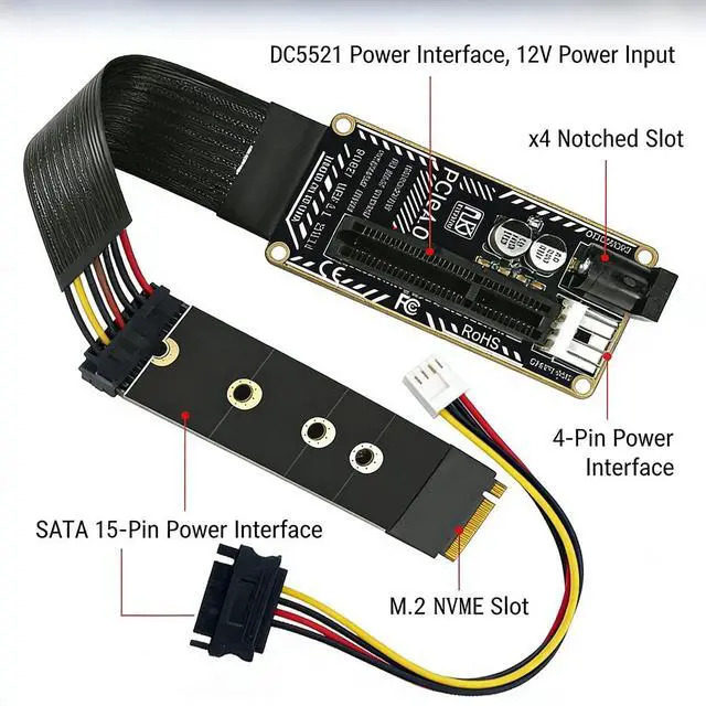 Alt view image 3 of 7 - PH427 PCIe 4.0 x4 to M.2 M Key Extension Cable Adapter 64Gbps for External GPU and SSD Expansion Flexible FPC Riser Compatible with NVMe 2230 2242 2260 2280 Slots (PH427A-15)