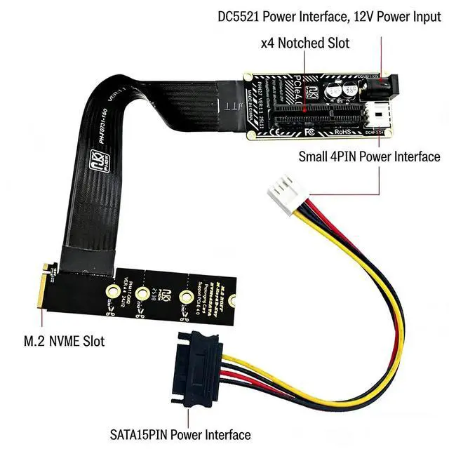 Alt view image 3 of 7 - PH427 PCIe 4.0 x4 to M.2 M Key Extension Cable Adapter 64Gbps for External GPU and SSD Expansion Flexible FPC Riser Compatible with NVMe 2230 2242 2260 2280 Slots (PH427B-15)