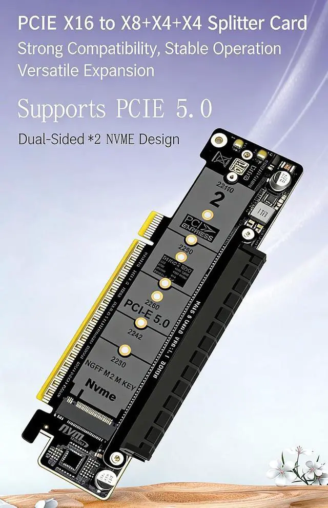 Alt view image 4 of 7 - PH4235 PCIe 5.0 x16 to Dual M.2 Mkey Adapter Card Supports x8 x4 x4 Split for High Speed SSD Expansion Bifurcation Compatible with Mkey NVMe 2230 2242 2260 2280 22110 SSD
