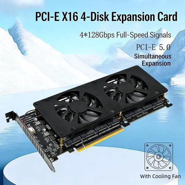 Alt view image 2 of 7 - PH4245F PCIe 5.0 x16 to Quad M2 SSD Adapter Card Four Slot M Key Expansion with Fan Supports Software RAID Requires x4x4x4x4 Bifurcation Compatible with NVMe 2230 2242 2260 2280 SSD