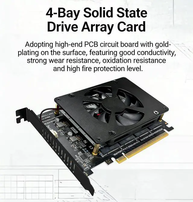 Alt view image 4 of 7 - PH4245F PCIe 5.0 x16 to Quad M2 SSD Adapter Card Four Slot M Key Expansion with Fan Supports Software RAID Requires x4x4x4x4 Bifurcation Compatible with NVMe 2230 2242 2260 2280 SSD