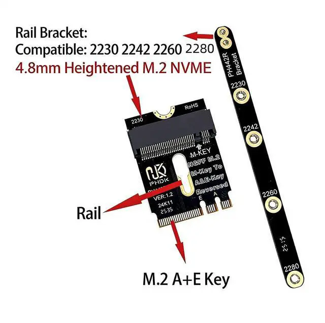 Alt view image 2 of 6 - PH442RH M2 A and E Key to M Key SSD Adapter Card PCIe 4.0 Raised Extension Converter Compatible with Wi Fi Slot NVMe 2230 2242 2260 2280 SSD