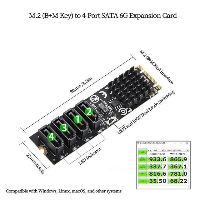 Alt view image 5 of 7 - M.2 (B+M Key) to 4-Port SATA 6Gbps RAID Controller Card, 9236 Chip SATA 3.0 Expansion Adapter Supports RAID 0/1/10 High-Speed SSD/HDD PCIe M.2 RAID Card