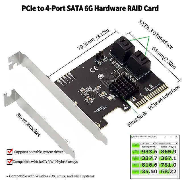 Alt view image 2 of 7 - PCIe X4 to 4-Port SATA 6Gbps RAID Controller Card, 9236 Chip SATA3.0 Expansion Adapter Supports RAID 0/1/10 4 SATA III Hard Drive PCI Express Card