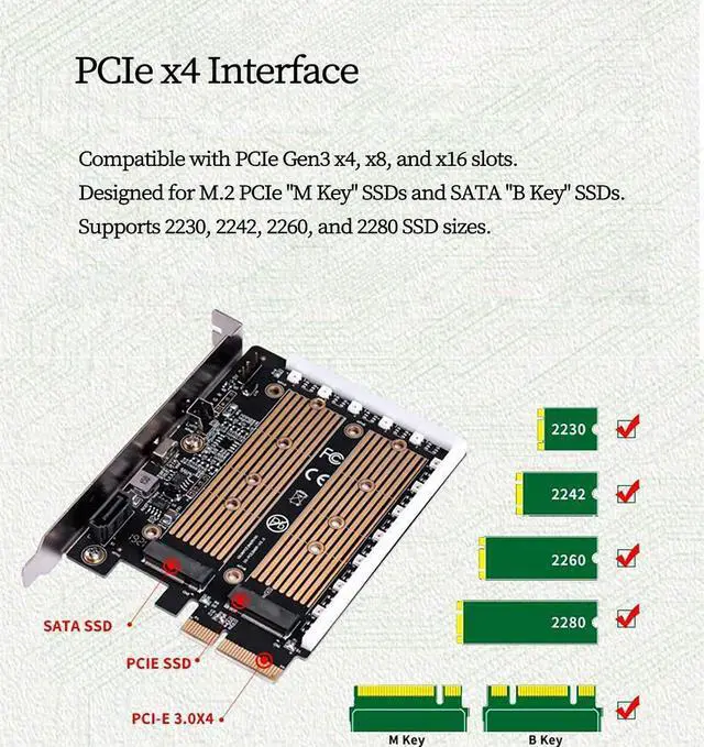 Alt view image 2 of 7 - M.2 NVMe & SATA SSD to PCIe 3.0 x4 Expansion Card RGB Adapter with Aluminum Heatsink, Supports 2230/2242/2260/2280 SSDs, High-Speed Gaming Storage Upgrade