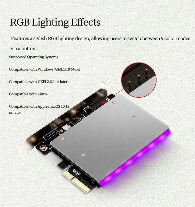 Alt view image 7 of 7 - M.2 NVMe & SATA SSD to PCIe 3.0 x4 Expansion Card RGB Adapter with Aluminum Heatsink, Supports 2230/2242/2260/2280 SSDs, High-Speed Gaming Storage Upgrade