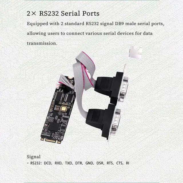 Alt view image 2 of 7 - M.2 (Key M/B) to Dual RS232 Serial Port Adapter Card 2-Port COM DB9 Expansion Card, PCIe 2.0 Gen1 x1 Interface, Industrial-Grade Converter Compatible with Terminal & Embedded Systems