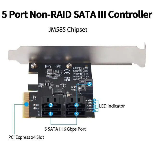 Alt view image 2 of 7 - PCIe x4 to 5-Port SATA3.0 6Gbps Expansion Card IO-PCE585S-5IPCIe 3.0 SATA Controller Adapter Supports Bootable System, Compatible with Desktop, Server, Industrial PC, DVR/NVR Systems