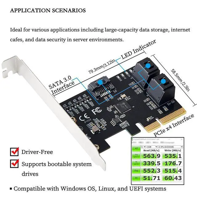 Alt view image 3 of 7 - PCIe x4 to 5-Port SATA3.0 6Gbps Expansion Card IO-PCE585S-5IPCIe 3.0 SATA Controller Adapter Supports Bootable System, Compatible with Desktop, Server, Industrial PC, DVR/NVR Systems