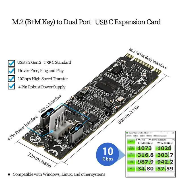 Alt view image 2 of 6 - M.2 (B+M Key) to Dual USB-C 10Gbps Expansion Card IO-M2F3142-2C, USB 3.2 Gen2 Adapter with 4-Pin Power, Compatible with Industrial Cameras, Live Streaming Devices, and High-Speed SSDs