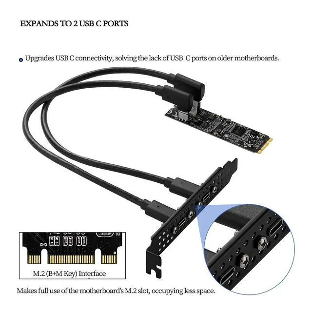 Alt view image 3 of 6 - M.2 (B+M Key) to Dual USB-C 10Gbps Expansion Card IO-M2F3142-2C, USB 3.2 Gen2 Adapter with 4-Pin Power, Compatible with Industrial Cameras, Live Streaming Devices, and High-Speed SSDs