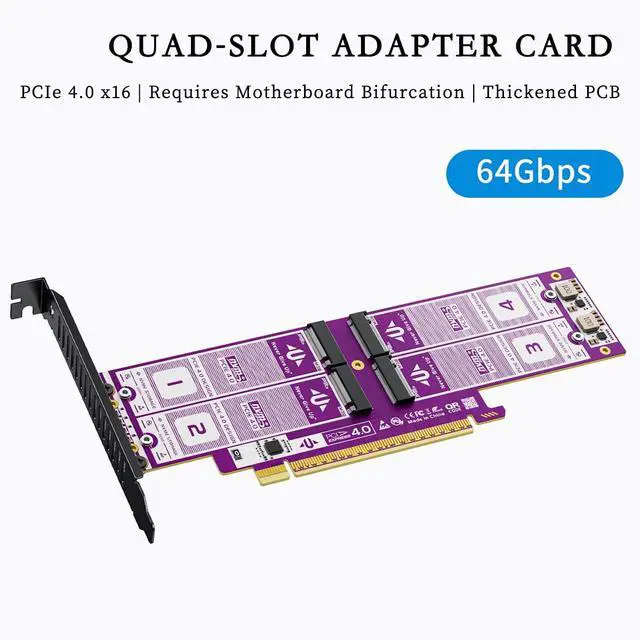 Alt view image 4 of 4 - AU-P599 PCIe 4.0 X16 to 4Bay NVMe SSD Expansion Card, 64Gbps M.2 Adapter, Gold-Plated PCB, High Speed RAID0 NVMe to PCI Express Converter for Desktop