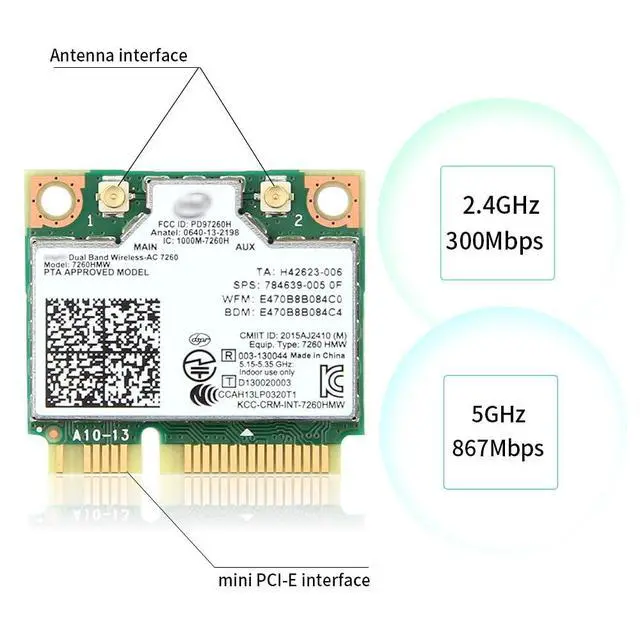 Alt view image 3 of 6 - 7260HMW Mini PCIe WiFi Card for PC Laptop, Dual Band Wireless-AC 7260, Bluetooth 802.11ac, Compatible with Windows 7/8/10