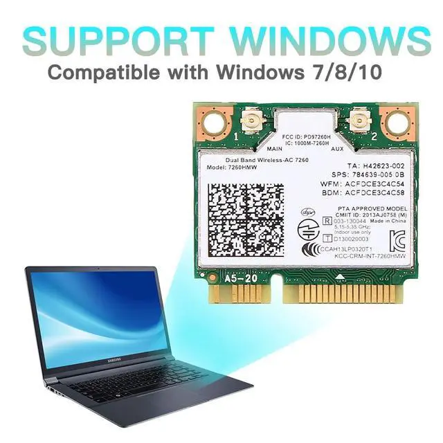 Alt view image 4 of 6 - 7260HMW Mini PCIe WiFi Card for PC Laptop, Dual Band Wireless-AC 7260, Bluetooth 802.11ac, Compatible with Windows 7/8/10