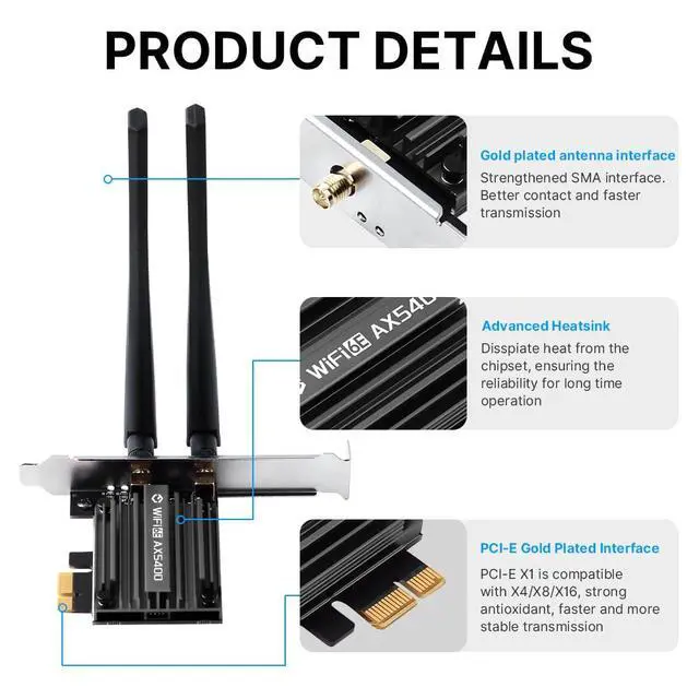 Alt view image 6 of 7 - WiFi 6E PCIe Card AX5400 BT5.3 6GHz Tri-Band Low Profile Desktop Win 10 11 | MT7922 Chipset, High-Gain 6dBi Antennas, WPA3 Encrypted, Fits All PCIe Slots, Bluetooth Cable Included