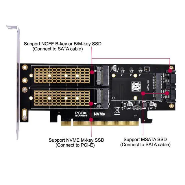 Alt view image 6 of 6 - PCI Express PCI-E 3.0 & Dual SATA to NGFF NVME MSATA M-Key B/M-Key SSD Card Adapter 3in1