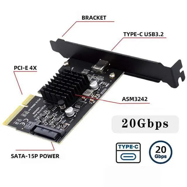 Alt view image 7 of 7 - 20Gbps USB 3.2 Gen2 Type-C 20Gbps USB-C Female to PCI-E 4X Express Card Adapter for Desktop Motherboard