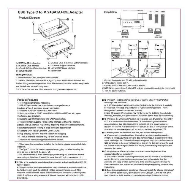 Alt view image 7 of 7 - USB 3.0 USB-C Type-C to NVME M-Key M.2 NGFF & SATA 2.5 3.5 Inch & IDE 40Pin SSD Docking Vertical External PCBA Case Enclosure (Need 12V/3A Power Supply)
