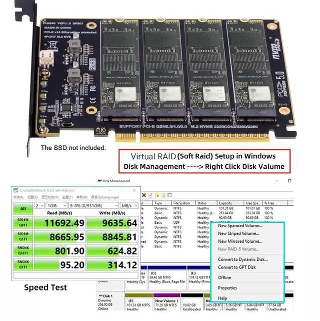 Alt view image 7 of 7 - PCIE Express 5.0 Gen5 Gen4 X16 Detachable Bifurcation Raid Card to 4X NVME M.2 NGFF SSD VROC Raid0 Hyper Adapter