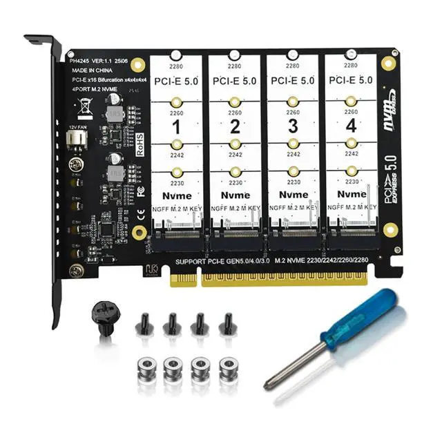 Alt view image 6 of 7 - PCIE Express 5.0 Gen5 Gen4 X16 Detachable Bifurcation Raid Card to 4X NVME M.2 NGFF SSD VROC Raid0 Hyper Adapter