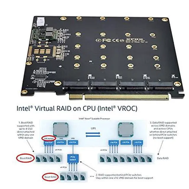 Alt view image 5 of 7 - 4X NVME M.2 AHCI to PCI-E Express 3.0 Gen3 X16 Raid Card with Fan VROC Raid0 Hyper Adapter