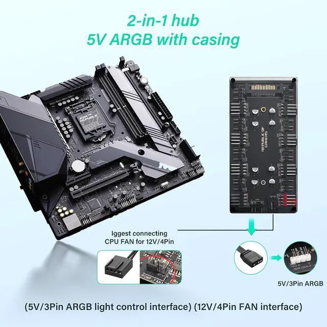 Alt view image 4 of 7 - 8-Channel Dual-Function 5V 3-Pin + 4-Pin PWM ARGB Fan Hub 2510 4-Pin Fan Connector 2.54mm 4P-3Pin ARGB Interface