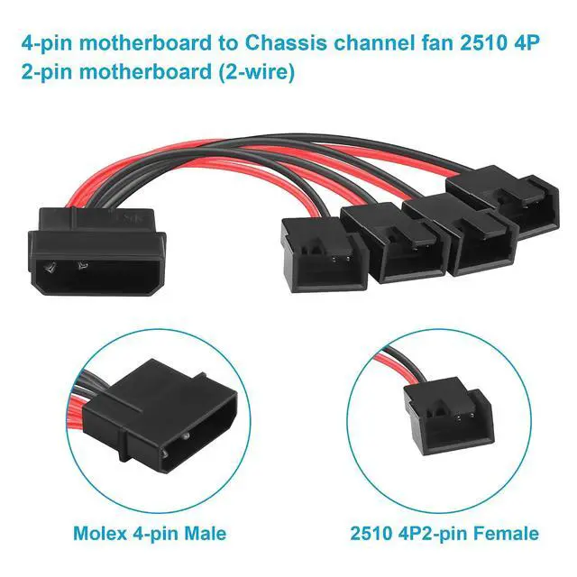 Alt view image 3 of 7 - (2-Pack) Molex 4-pin to 2510 4P-2PIN Fan Adapter Cable 1 to 4 12V Chassis Fan Power Supply 24AWG High-Current Cable (5.0in/13cm, Black and Red Colour Scheme)