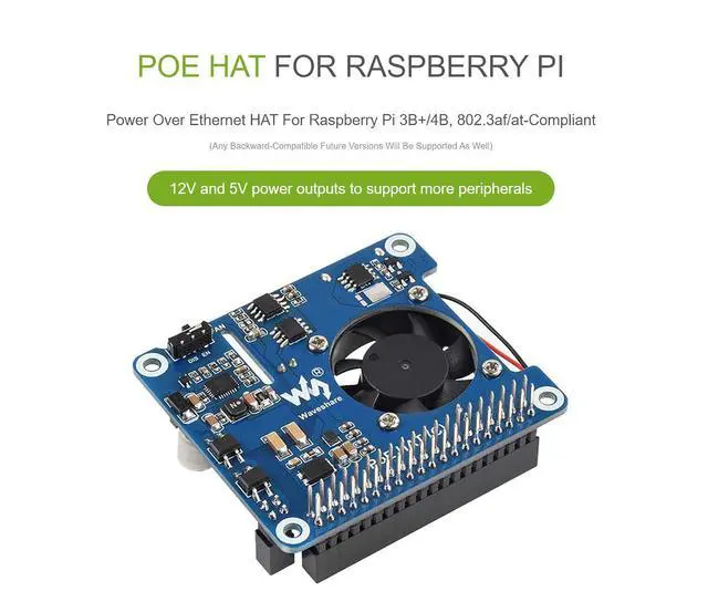 Alt view image 2 of 7 - Power Over Ethernet (PoE) HAT for Raspberry Pi 4B/3B+, 802.3af/at PoE Network Standard, 5V USB-A&12V Header Outputs, PoE HAT Onboard Cooling Fan and MP8676 Buck Chip, Isolated