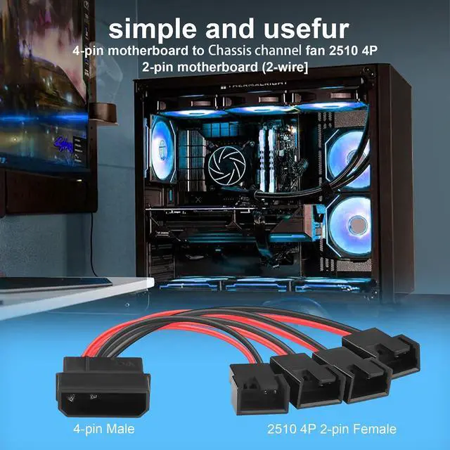 Alt view image 6 of 7 - (2-Pack) Molex 4-pin to 2510 4P-2PIN Fan Adapter Cable 1 to 4 12V Chassis Fan Power Supply 24AWG High-Current Cable (5.0in/13cm, Black and Red Colour Scheme)