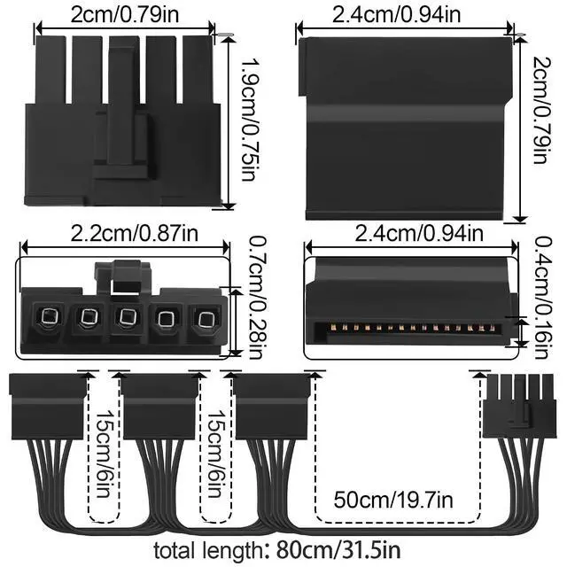 Alt view image 5 of 7 - PC Modular PSU 5Pin to 3X SATA 15Pin Female Adaptor Cable, Compatible with V550 V650 V750 V850 V1000 V1000M Modular PSU 18 AWG Black; 50+15+15 cm