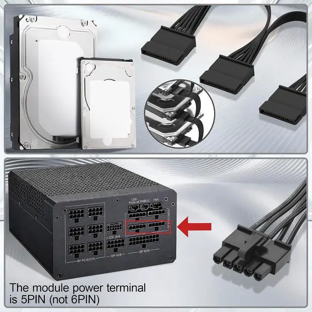 Alt view image 7 of 7 - PC Modular PSU 5Pin to 3X SATA 15Pin Female Adaptor Cable, Compatible with V550 V650 V750 V850 V1000 V1000M Modular PSU 18 AWG Black; 50+15+15 cm
