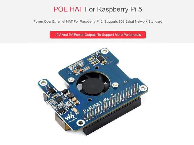 Alt view image 2 of 6 - POE Power Over Ethernet HAT for Raspberry Pi 5, IEEE 802.3af/at PoE Network Standard, Onboard 5V & 12V Header Outputs, with Cooling Fan and Metal Heatsink