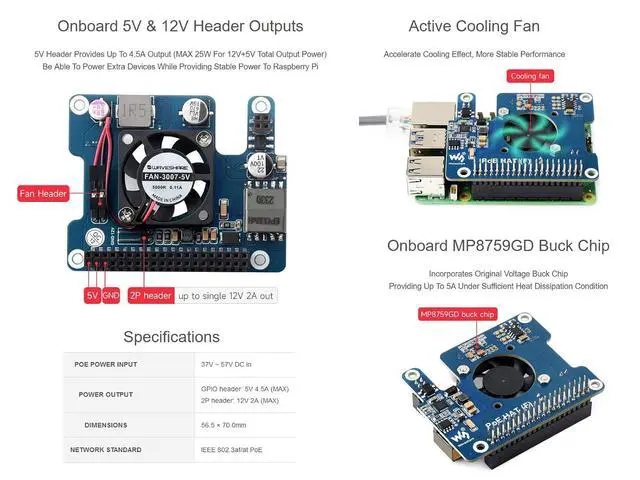 Alt view image 4 of 6 - POE Power Over Ethernet HAT for Raspberry Pi 5, IEEE 802.3af/at PoE Network Standard, Onboard 5V & 12V Header Outputs, with Cooling Fan and Metal Heatsink