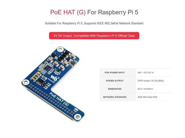 Alt view image 2 of 7 - Power Over Ethernet POE HAT for Raspberry Pi 5, IEEE 802.3af/at-Compliant, 5V 5A Output, Compatible with Raspberry Pi 5 Official Case