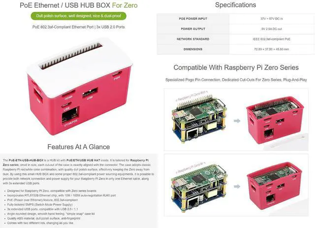 Alt view image 3 of 5 - PoE Ethernet/USB HUB Box, Compatible with Raspberry Pi Zero/Zero W/Zero WH, 3X USB 2.0 Ports, 802.3af-Compliant