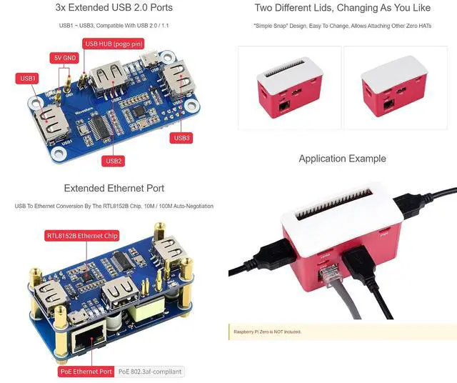 Alt view image 4 of 5 - PoE Ethernet/USB HUB Box, Compatible with Raspberry Pi Zero/Zero W/Zero WH, 3X USB 2.0 Ports, 802.3af-Compliant
