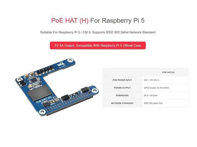 Alt view image 2 of 7 - Power Over Ethernet (PoE) HAT for Raspberry Pi 5 / CM5, 802.3af/at PoE Network Standard, 5V 5A Output, Isolated Switched-Mode Power Supply, Compatible with Pi5 Official Case and Active Cooler