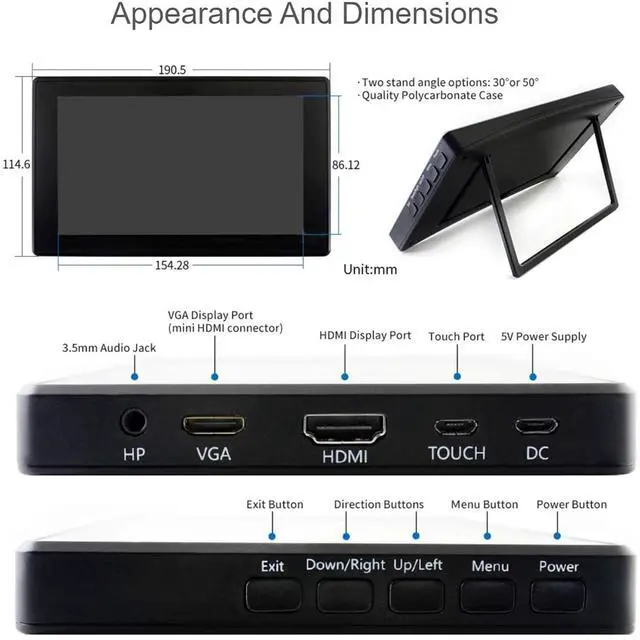 Alt view image 6 of 7 - 7inch HDMI LCD with Case for Raspberry Pi Capacitive Touchscreen 1024×600 IPS Display Screen Monitor Compatible with Raspberry Pi 4B/3B+/3B/Zero/Jetson Nano Support Windows 10/8.1/8/7