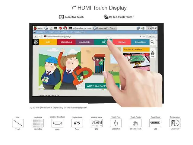 Alt view image 3 of 7 - 7 Inch Capacitive Touchscreen Monitor IPS Display 1024x600 7" HDMI LCD Module for Raspberry Pi 4B/ 3B+/A+/B/ 2B/ B+/A+/ Zero W, Support Windows 10/8.1/8 / 7