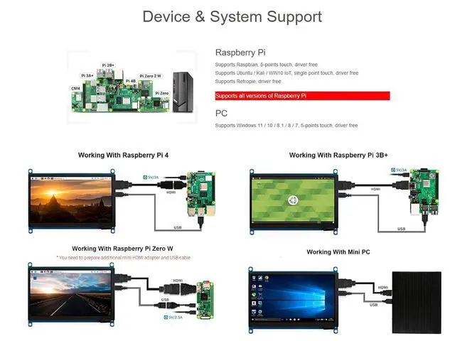 Alt view image 4 of 7 - 7 Inch Capacitive Touchscreen Monitor IPS Display 1024x600 7" HDMI LCD Module for Raspberry Pi 4B/ 3B+/A+/B/ 2B/ B+/A+/ Zero W, Support Windows 10/8.1/8 / 7