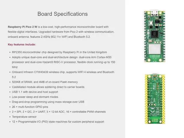 Alt view image 3 of 7 - Pre-soldered Pico 2 W Microcontroller Board Based on Raspberry Pi RP2350 Chip, Adopts Dual-core & Dual-Architecture Design, Support WiFi 4 Wireless and Bluetooth 5.2