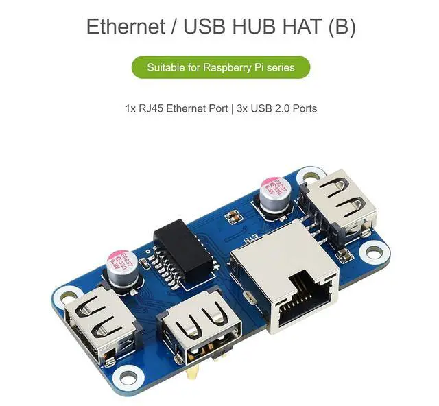 Alt view image 3 of 7 - Ethernet/USB HUB HAT for Raspberry Pi 4 B/3 B+/3A+/2B/Zero/Zero W/Zero WH, with 1x RJ45 10/100M Ethernet Port, 3X USB 2.0 Ports Compatible with USB 2.0/1.1